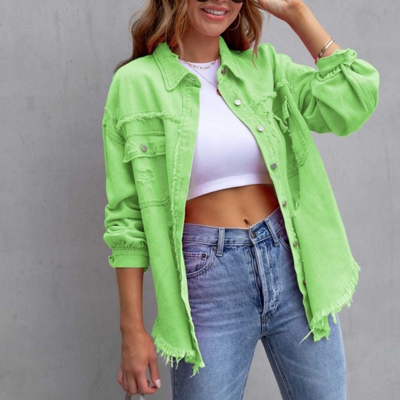 Rugged Vogue Distressed Denim Jacket - Lime - Picture 4 of 4